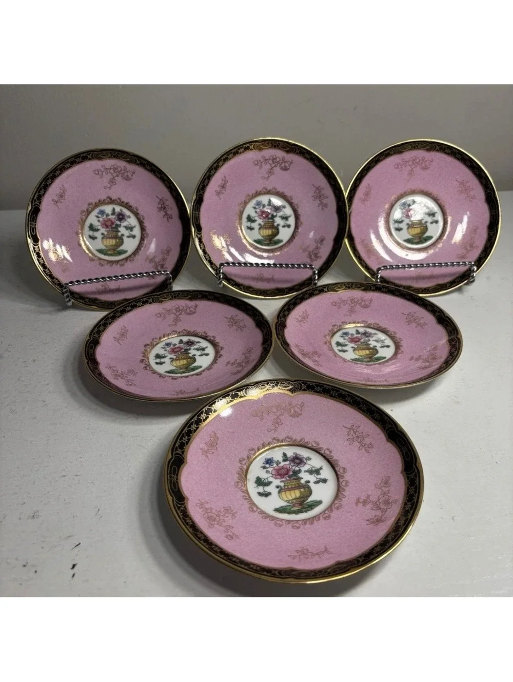 Copeland Spode Bone China Pink Gold Trim Cream Soup Bowl & Saucer set of 6